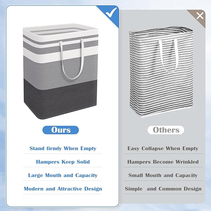 BlissTotes 3-Pack Laundry Basket, Freestanding＆Waterproof Laundry Hamper, Collapsible Tall Clothes Hamper with Easy Carry Handles for Clothes, Towels in the Family and Dorm,Gradient Grey,125L