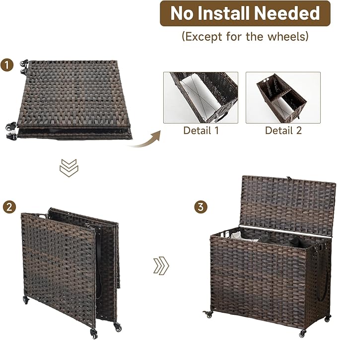 Laundry Hamper with Wheels, 52.8 Gallon(200L) Rolling Laundry Basket with Lid, Removable Large 3 Color Liners & 3 Mesh Laundry Bags, Clothes Hamper with Side Pocket, Brown