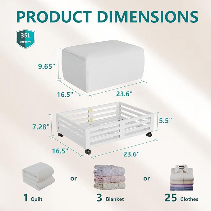 Bamboo Under Bed Storage Containers- Underbed Organizer with Wheels with Large Capacity Dust Bag,Sturdy Wood Rolling Under Bed Shoe Storage Organizer 2 Packs (White, 2 Packs (23.62"×16.54"))