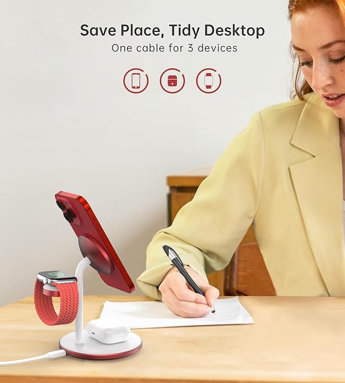 XooFly 3 in 1 Wireless Charging Station for Apple Devices, Fast Wireless Mag-Safe Charger Stand with 20W Adapter for iPhone 17/16 15 14 13 12 Pro Max/Pro/Plus/Air/Mini, iWatch, AirPods (Red)