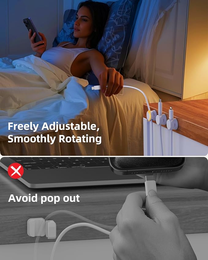 Swiveling Cord Holder, Magnetic Cord Organizer, Inchor Cable Organizer for Desk, 6 Pack Cable Clips for Nightstand, Adhesive Cable Holder Cable Management Clips for Car Home Office (White)