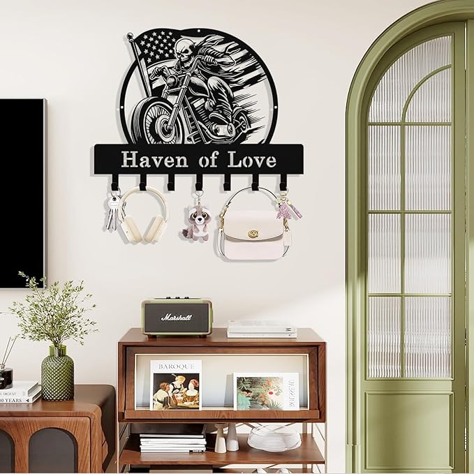 Personalized Skull Motocycle Key Holder Wall Mount, Custom Metal Key Rack Key Holder with Name, Deer Cabin Wall Keys Hanger with Hooks for Entryway, Front Door, Hallway, Kitchen, Living Room