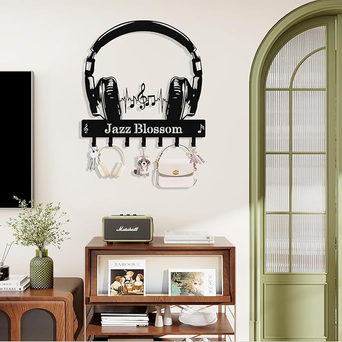 Personalized Headphone Key Holder Wall Mount, Custom Metal Key Rack Key Holder with Name, Deer Cabin Wall Keys Hanger with Hooks for Entryway, Front Door, Hallway, Kitchen, Living Room