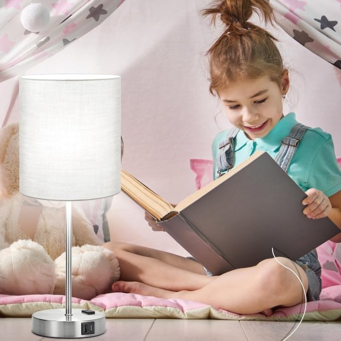 𝟮𝟬𝟮𝟯 𝗡𝗘𝗪 Set of 2 Touch Grey Table Lamps with 2 USB Ports & AC Outlet, 3-Way Dimmable Bedside Nightstand Lamps for Bedroom Living Room Nursery, 800 Lumens 5000K Daylight Bulbs Included
