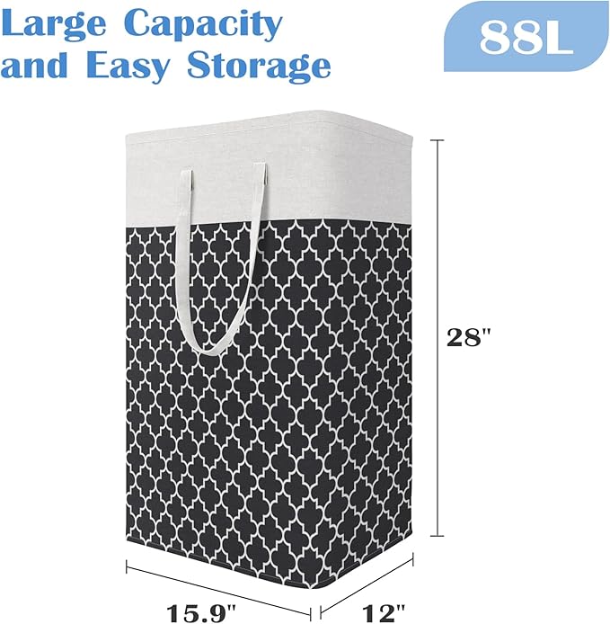 BlissTotes 3-Pack Laundry Basket, Freestanding＆Waterproof Laundry Hamper, Collapsible Tall Clothes Hamper with Easy Carry Handles for Clothes, Towels in the Family and Dorm,Clover Black,88L