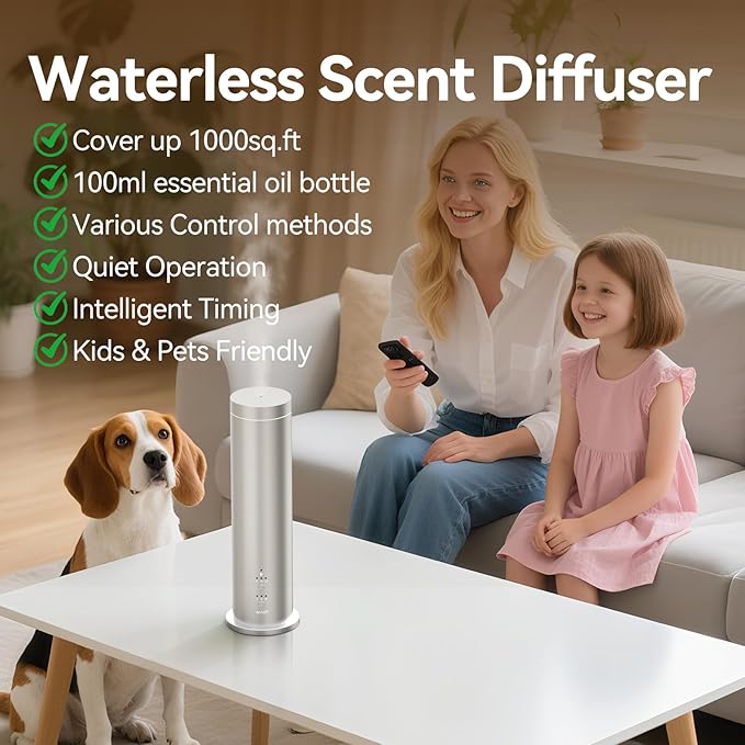 Waterless Scent Diffuser - Cold Air Essential Oil Diffusers Machine Covers up 600 sq.ft Large Room,Button/Remote/Bluetooth Control for Home Hotel Office,Fragrance Not Included,Silver
