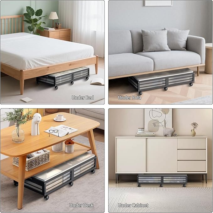 Under Bed Storage Containers with Wheels, Larger Bamboo Wood Under Furniture Storage Containers with Dust Bags，Rolling for Shoes Clothes