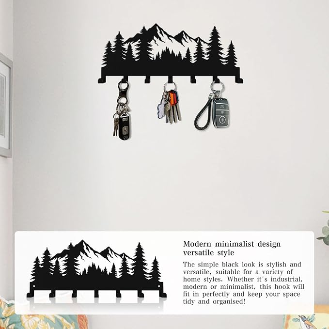 Key Holder Wall Mounted Key Hooks, Black Metal Key Rack Hooks, Grove, Mountain Theme Wall Decoration Hooks, with 7 Hooks, Applicable to Front Doors, Lobby,Corridor, Offices (12 ")
