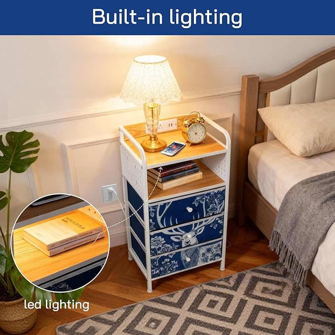 YCY Nightstand with Charging Station, Sturdy Metal Frame Bedside Table, 3 Wax-Dyed Fabric Drawers, Open Storage Shelf, Built-in USB Ports and Dual Outlets for Bedrooms,Living Room