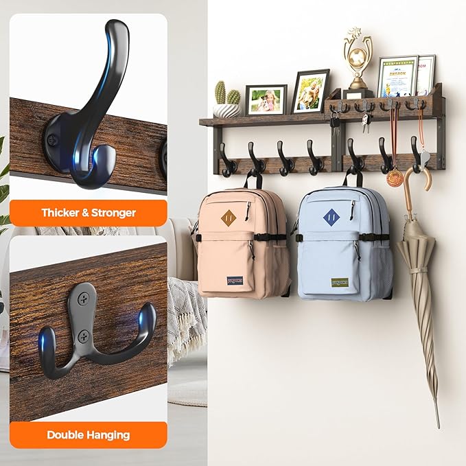 Evermagin 29" Coat Rack Wall Mount with Shelf, 4 in 1 Coat and Key Hanger with 11 Metal Hooks, Entryway Wall Mounted Shelf with Mail Holder for Living Room, Bedroom, Rustic Brown