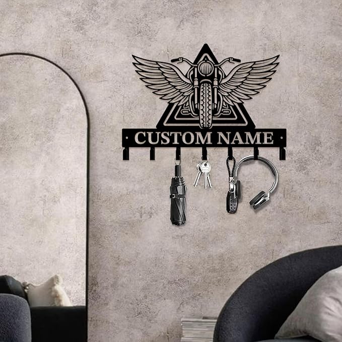 Custom Motorcycle Garage Metal Wall Hooks,Key Holder-Personalized Iron Wall Decor for Keys, Coats & Home (Black, Handmade,Decorative,Entryway, Bedroom,Man Cave) (Style B)