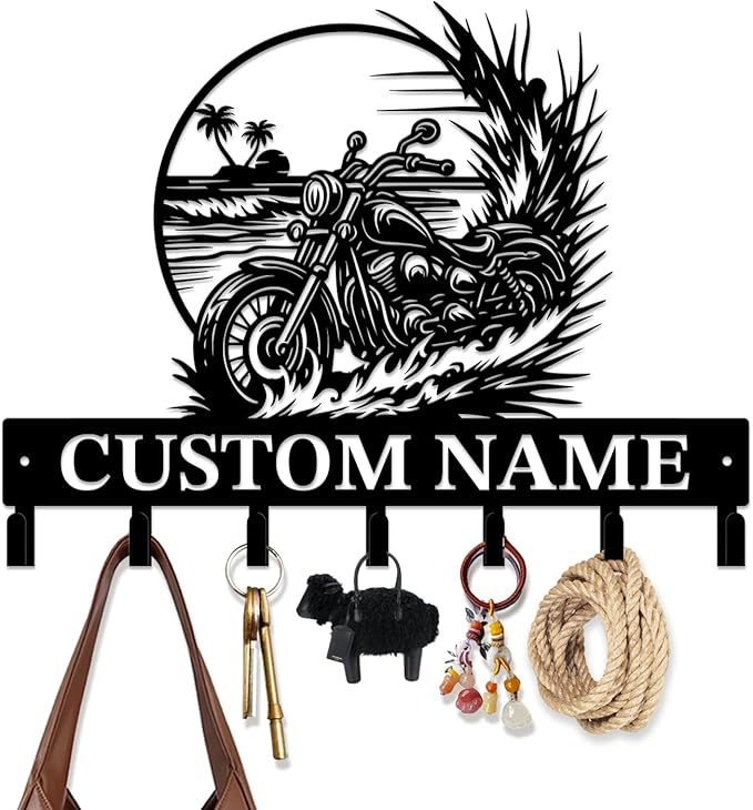 Custom Motorcycle Garage Metal Wall Hooks,Key Holder-Personalized Iron Wall Decor for Keys, Coats & Home(Black, Handmade,Decorative,Entryway, Bedroom,Man Cave) (Style H)