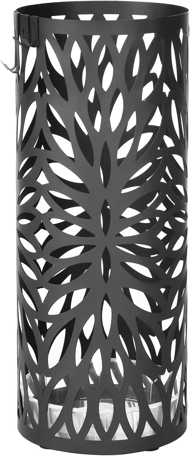 SONGMICS Umbrella Stand, Umbrella Holder for Entryway, Steel Round Umbrella Rack Freestanding, for Canes Walking Sticks, with a Detachable Drip Tray, 2 Long and 2 Short Hooks, Matte Black ULUC20B