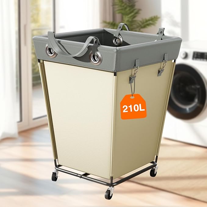 HILIUS Laundry Hamper with Wheels 210L Large Capacity Hamper Rolling Laundry Basket Extra Large Laundry Cart for Easy Transport Storage Basket Ideal for Dorm Laundry Room Bathroom Beige