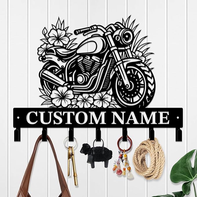 Custom Motorcycle Garage Metal Wall Hooks,Key Holder-Personalized Iron Wall Decor for Keys, Coats & Home (Black, Handmade,Decorative,Entryway, Bedroom,Man Cave) (Style C)