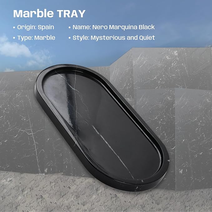 Adolif 2Pcs Black Marble Vanity Tray, Oval Marble Tray for Bathroom Storage Home Decor, 12 x 6 Inch