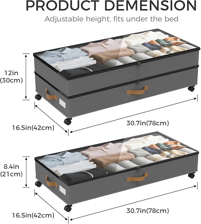 Under Bed Storage with Wheels 4-Pack, 75L XXL Under the Bed Storage Containers Large, 12" Tall Adjustable Storage for Underbed with Lids, Rolling for Shoes, Clothes, Blankets (4PCS-Grey)