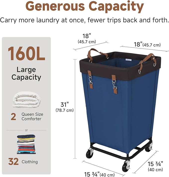 StorageWorks 160L Laundry Basket with Wheels, Large Rolling Hampers for Clothing Organizer, Dirty Clothes Basket for Hotel, Home, Closet, Dorm, Blue