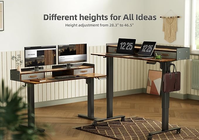 YDN Rustic Brown 2-Tier Adjustable Electric Standing Desk, 48 inch, Modern Design with 2 Drawers, Felt Fence, Hook, for Office