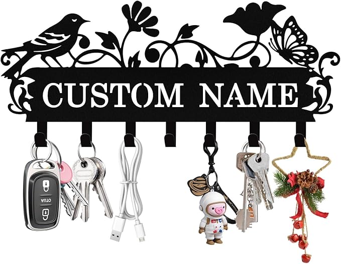 Personalized Bird Key Holder Wall Mount, Custom Metal Key Rack Key Holder with Name, Deer Cabin Wall Keys Hanger with Hooks for Entryway, Front Door, Hallway, Kitchen, Living Room