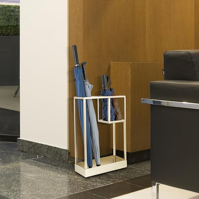 MyGift Modern Brass Tone Metal Entryway Umbrella Rack with Geometric Design, 13 x 5-inch Wide Rectangular Freestanding Cane Umbrella Holder with Shelf for Small Umbrellas and Bottom Drip Catch Tray