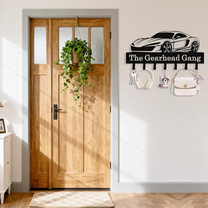 Personalized Car Key Holder Wall Mount, Custom Metal Key Rack Key Holder with Name, Deer Cabin Wall Keys Hanger with Hooks for Entryway, Front Door, Hallway, Kitchen, Living Room