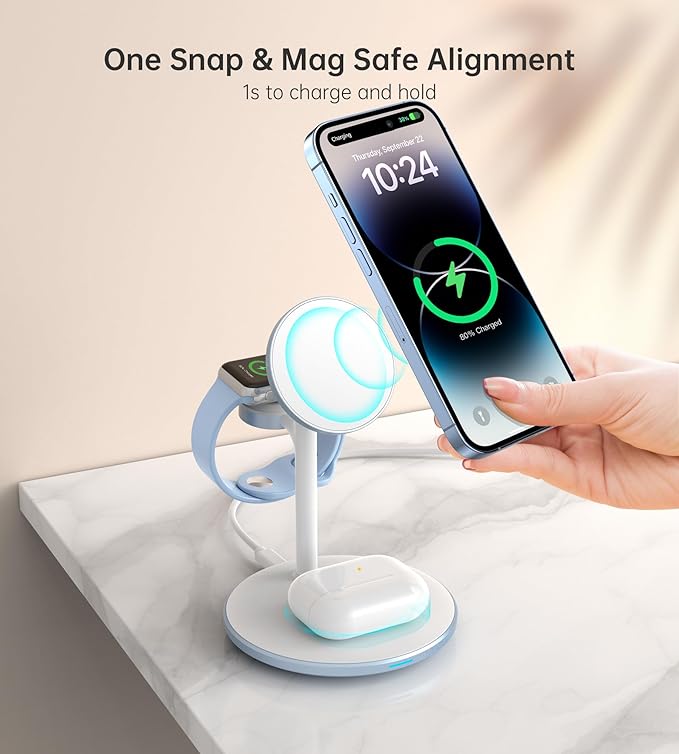 XooFly 3 in 1 Wireless Charging Station for Apple Devices, Fast Wireless Mag-Safe Charger Stand with 20W Adapter for iPhone 17/16 15 14 13 12 Pro Max/Pro/Plus/Air/Mini, iWatch, AirPods (Light Blue)