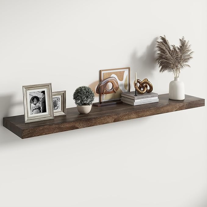 RICHFOCUS Elm Floating Shelves for Wall - 48" W x 9.3" D Rustic Solid Wood Shelves with Invisible Bracket, Wall-Mounted for Living Room, Bedroom, Kitchen Storage & Display, Set of 1, Walnut