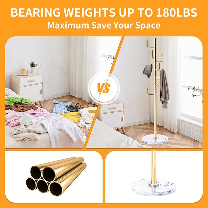 ZOZOE Metal Modern Coat Racks, Cactus Coat Rack Freestanding with Natural Marble Base, Golden Coat Rack Stand with 8 Hooks, Coat Tree Hanger Stand for Bags, Hats, Entryway, Office