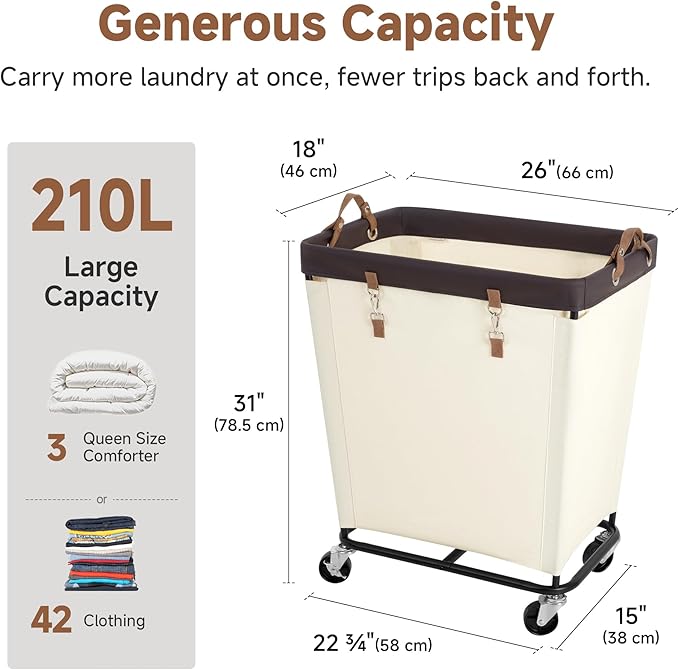 StorageWorks 210L Laundry Basket with Wheels, Extra Large Rolling Hampers for Clothing Organizer, Dirty Clothes Basket for Hotel, Home, Closet, Dorm, Beige