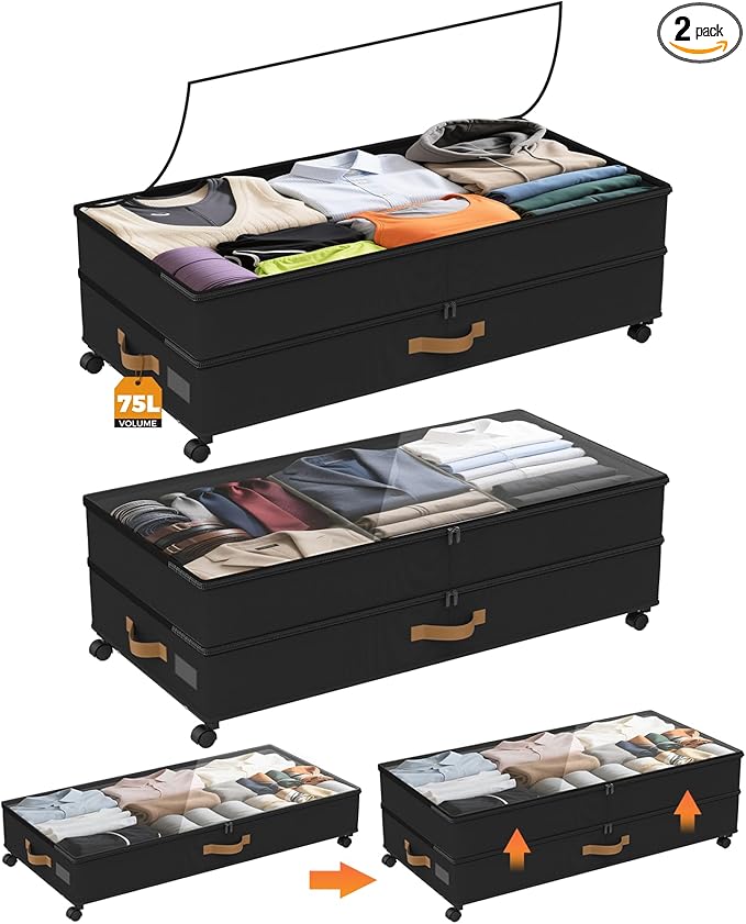 Under Bed Storage with Wheels 2-Pack, 75L XXL Under the Bed Storage Containers Large, 12" Tall Adjustable Storage for Underbed with Lids, Rolling for Shoes, Clothes, Blankets (Black)