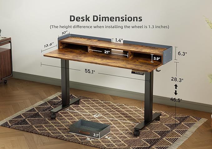 YDN Standing Desk with Drawers, 55 Inch Standing Desk Adjustable Height, Adjustable Electric Stand Up Sit Stand Small Desks with Storage and Shelf, Rustic Brown