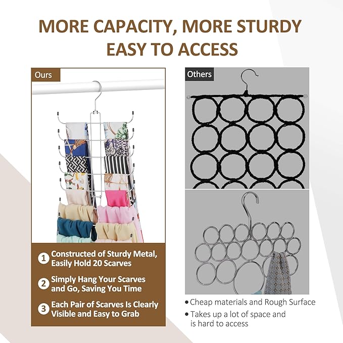 ZEDODIER Scarf Organizer Scarf Hanger for Closet, 2 Pack Rotatable Sturdy Hijab Holder Holds 40 Scarves, Space Saving Closet Organizers and Storage, Silver