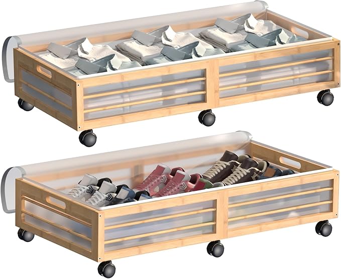 Under Bed Storage Containers with Wheels, Larger Bamboo Wood Under Furniture Storage Containers with Dust Bags，Rolling for Shoes Clothes