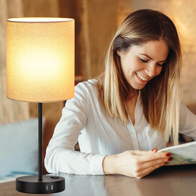 【Upgraded】Set of 2 Touch Beige Table Lamps with 2 USB Ports & AC Outlet, 3-Way Dimmable Bedside Nightstand Lamps for Living Room Nursery Office Bedroom, 800 Lumens 2700K Warm Bulbs Included
