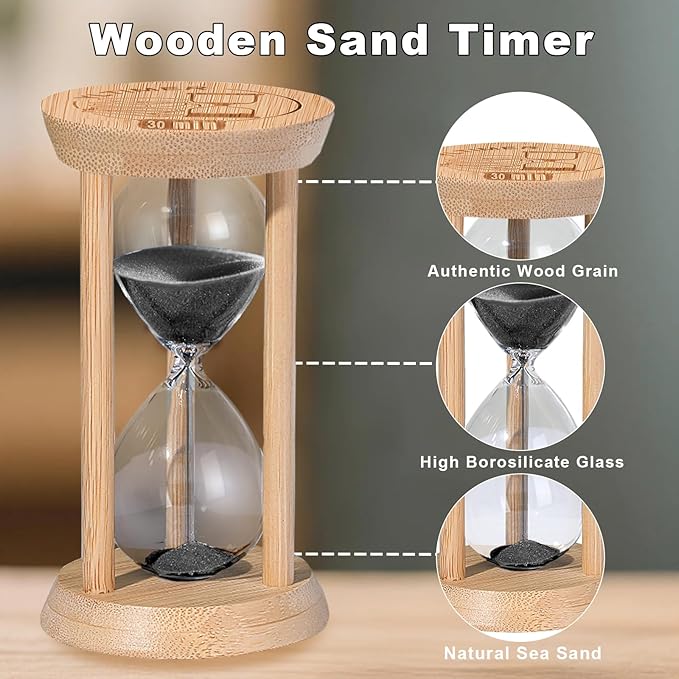 10 Minute Wooden Sand Timers, Bamboo Black Sand Hourglass for Productivity, Meditation & Decor, 10 Min Reloj De Arena for Kitchen, Office, Yoga, Game, Classroom