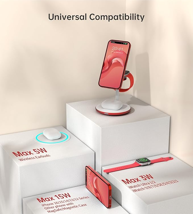 XooFly 3 in 1 Wireless Charging Station for Apple Devices, Fast Wireless Mag-Safe Charger Stand with 20W Adapter for iPhone 17/16 15 14 13 12 Pro Max/Pro/Plus/Air/Mini, iWatch, AirPods (Red)
