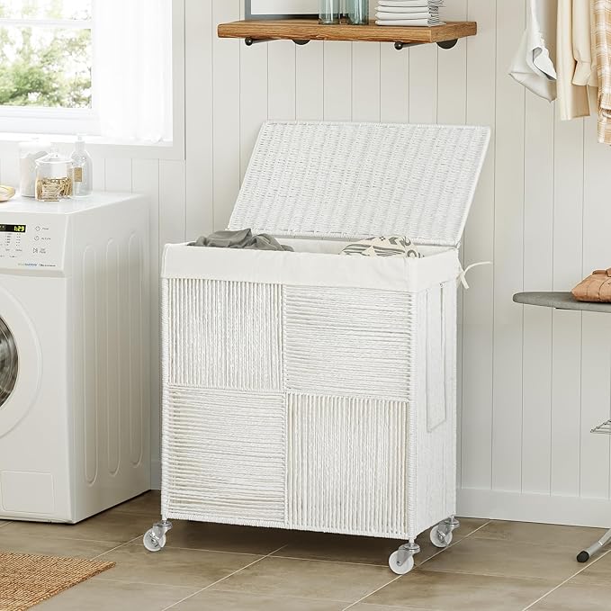 WOWLIVE Double Laundry Hamper with Lid, Handwoven Rolling Laundry Basket with Wheels, 115L Dirty Clothes Hamper with Removable Liner Bag Large Capacity Laundry Sorter Laundry Room Organization,White