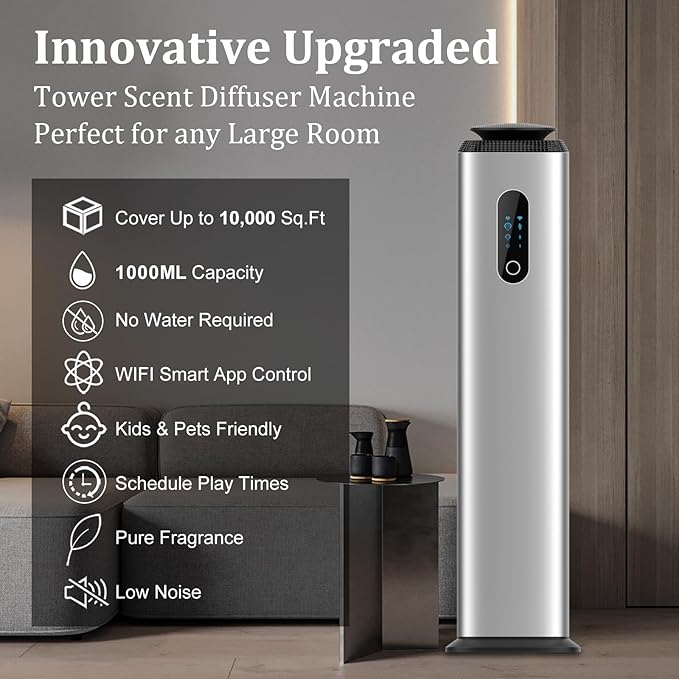 1000ML- Commercial Diffuser Machine Cover 10000 Sq Ft - Tower Hotel Scent Diffuser for Whole House - WiFi App Control -Scent Air Machine & Waterless Essential Oil Diffuser for Large Room - Silver
