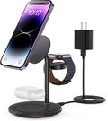 XooFly 3 in 1 Wireless Charging Station for Apple Devices, Fast Wireless Mag-Safe Charger Stand with 20W Adapter for iPhone 17/16 15 14 13 12 Pro Max/Pro/Plus/Air/Mini,iWatch,AirPods(Black Wood Grain)