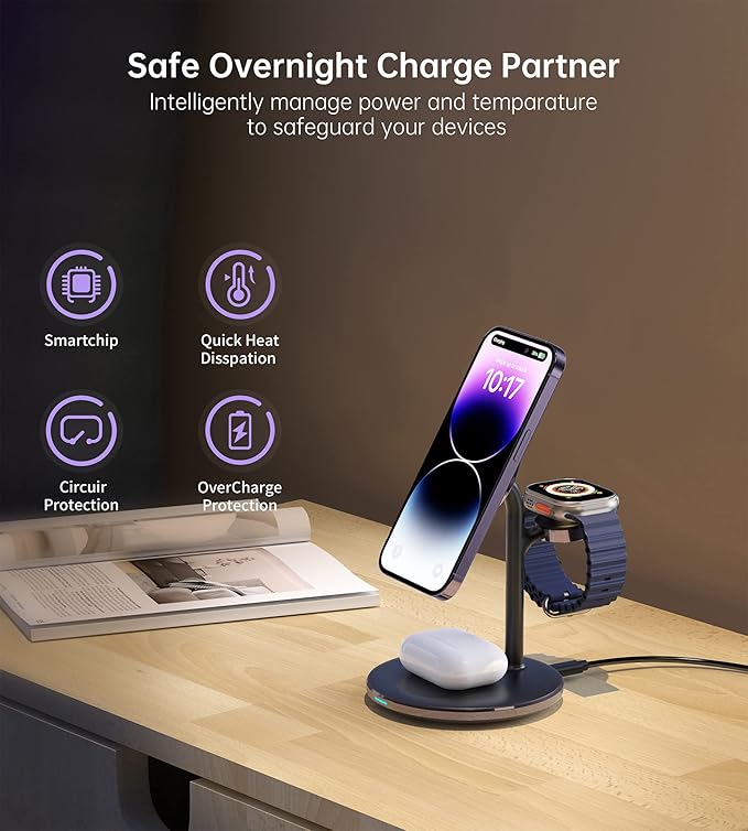 XooFly 3 in 1 Wireless Charging Station for Apple Devices, Fast Wireless Mag-Safe Charger Stand with 20W Adapter for iPhone 17/16 15 14 13 12 Pro Max/Pro/Plus/Air/Mini, iWatch, AirPods(Dark Purple)