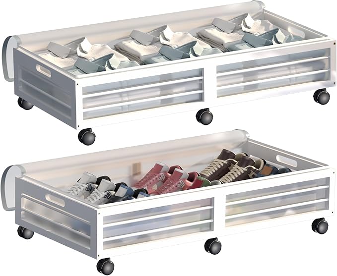 Under Bed Storage Containers with Wheels, Larger Bamboo Wood Under Furniture Storage Containers with Dust Bags，Rolling for Shoes Clothes