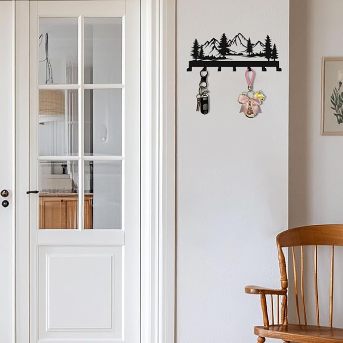 Key Holder Wall Mounted Key Hooks, Black Metal Key Rack Hooks, The Great Grove, Mountain Theme Wall Decoration Hooks, with 7 Hooks, Applicable to Front Doors, Lobby,Corridor, Offices (12 ")