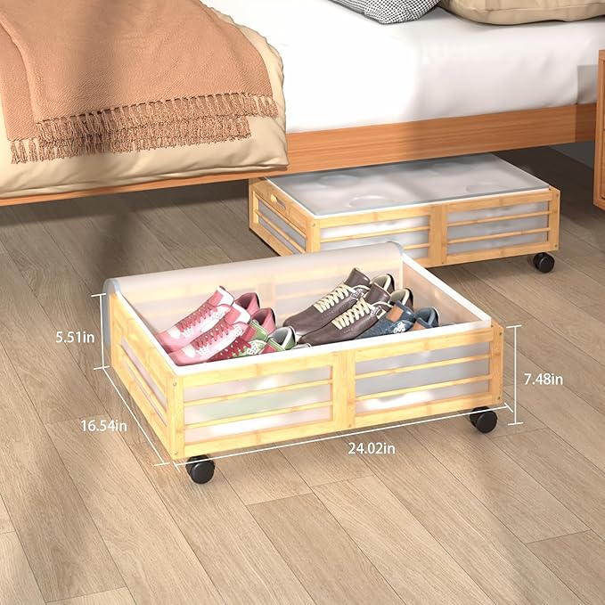 Under Bed Storage Containers with Wheels, Larger Bamboo Wood Under Furniture Storage Containers with Dust Bags，Rolling for Shoes Clothes