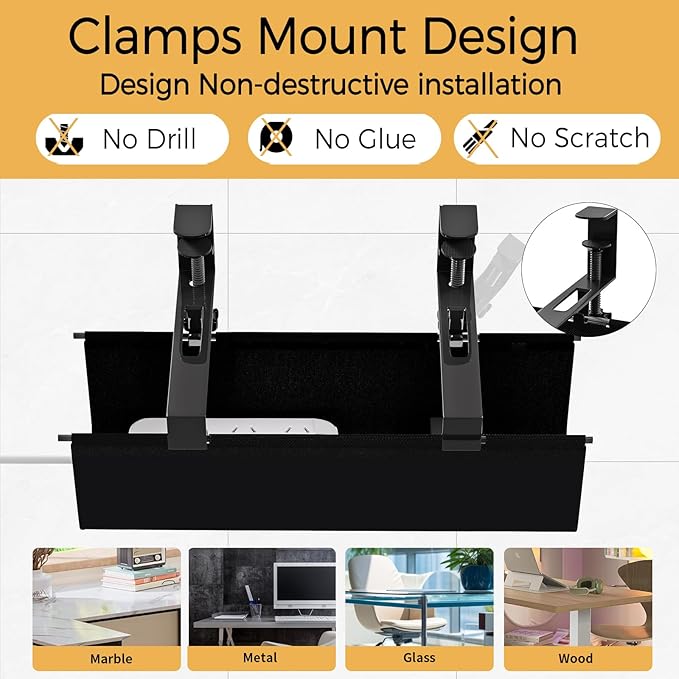 Under Desk Cable Management Tray 15.7" - No Drill Computer Wire Organizer Cable Tray, Cord Hider Clamp Mount with 16X Cable Ties PC Cables Management Cord Holder for Office/Home (Upgrade Fabric,Black)