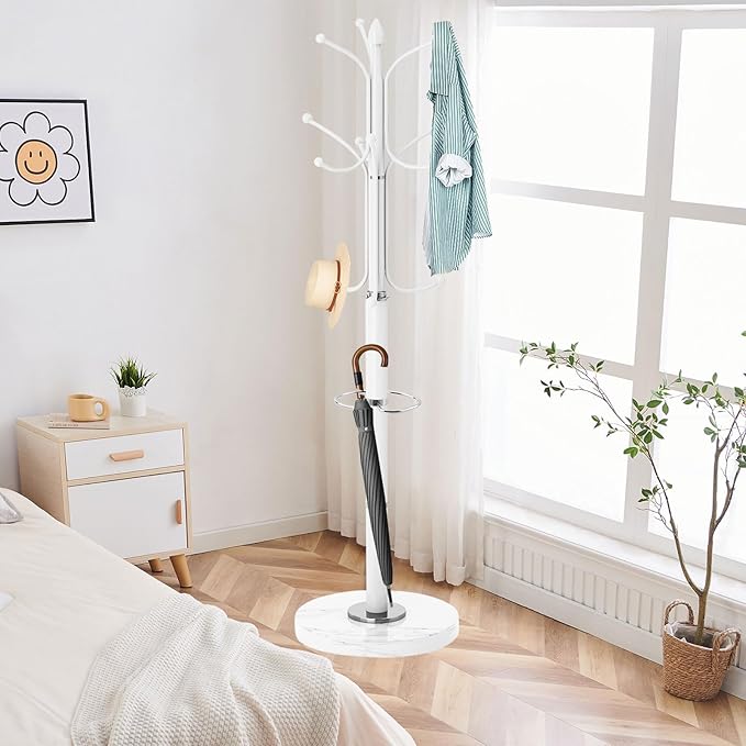 ZOZOE Metal Coat Rack Stand, Modern Coat Rack Freestanding with Natural Marble Base, Sturdy Coat Racks with 12 Hooks & Umbrella Holder,White Coat Tree Hanger Stand for Bags,Hats,Entryway,Office