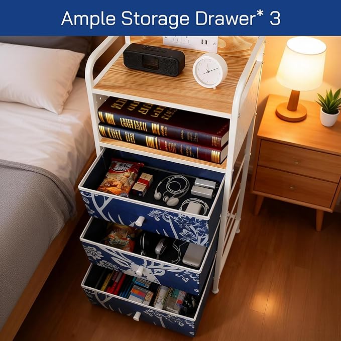 YCY Nightstand with Charging Station, Sturdy Metal Frame Bedside Table, 3 Wax-Dyed Fabric Drawers, Open Storage Shelf, Built-in USB Ports and Dual Outlets for Bedrooms,Living Room