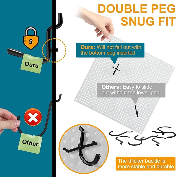 1/4 Inch Extra Thick Pegboard Hooks,Only Suitable for 1/4" Pegboard Board,Metal Pegboard Hooks for Hanging Storage (All Black, 60pcs J Hook)