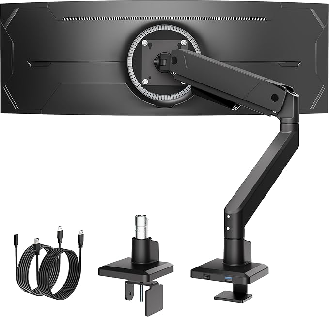 monTEK Single Monitor Arm with USB for Max 45 Inch Ultrawide Screens Adjustable Monitor Desk Mount Holds 35 Lbs Cable Management with C Clamp/Grommet Desk Mount, VESA 75/100mm, MA1007UCBK