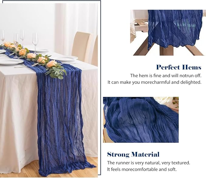 10 Pack 10 Ft Cheesecloth Table Runner Navy Blue Gauze Long Table Runners Boho Gauze Cheese Cloth Table Runner Rustic Sheer Runner for Wedding Party Table Decor ( 35 x 120 Inch )